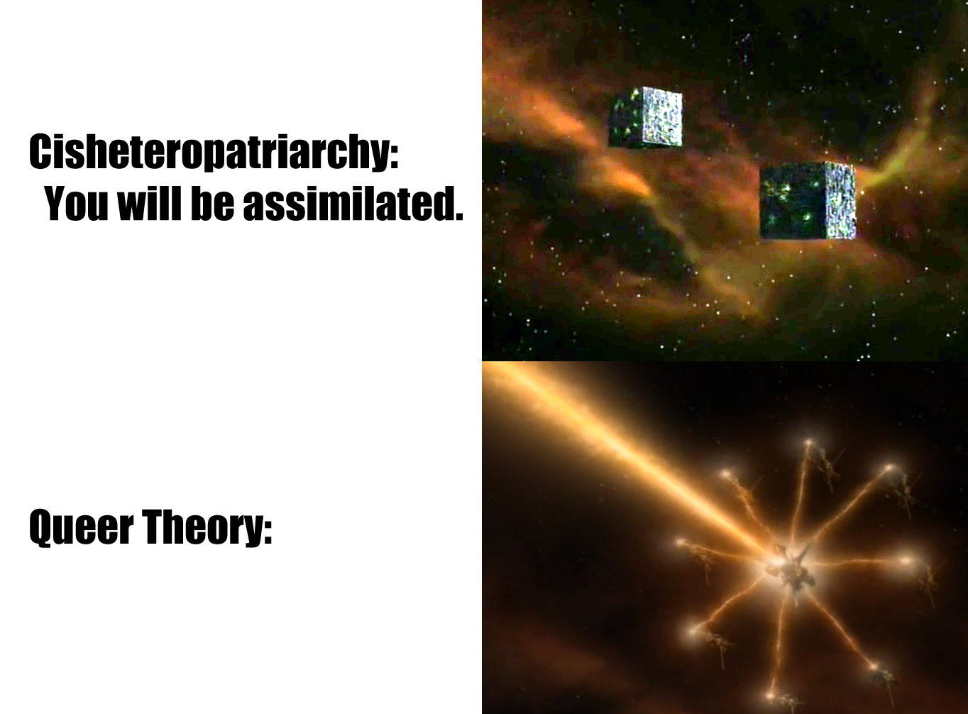 This meme is a humorous commentary on the concept of "infinite recursion" in the context of theoretical physics. The image shows a series of nested boxes, each containing a smaller version of the same box, ad infinitum. The text reads: "Infinite recursion: You will be assimilated. Resistance is futile. You will be assimilated."